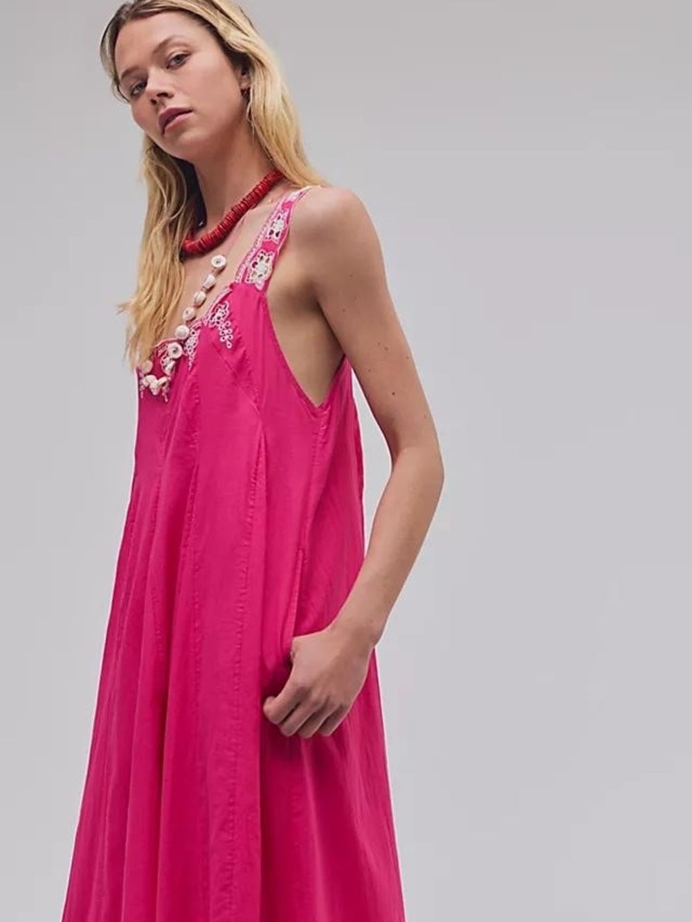 Free PEOPLE to The Moon Hot Pink Embroidered Strap Slip Dress